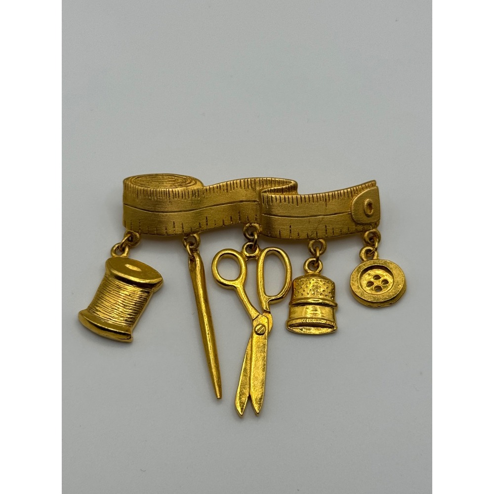 Vintage JJ Jonette Sewing Theme Brooch Gold Tone Scissors Button Charm Dangle